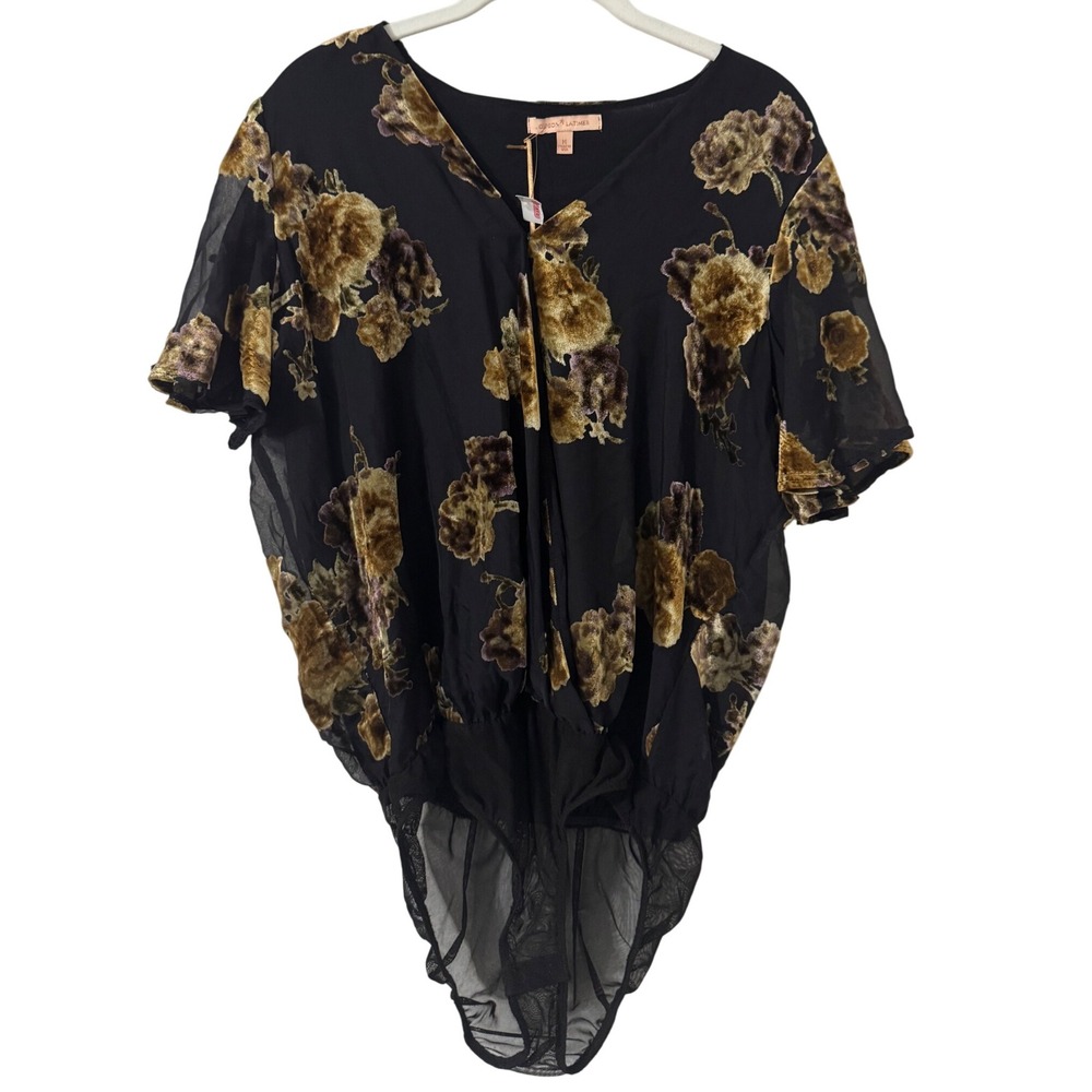 Gibson Latimer Black Floral Velvet Sheer Top Bodysuit Women's Size M NWT